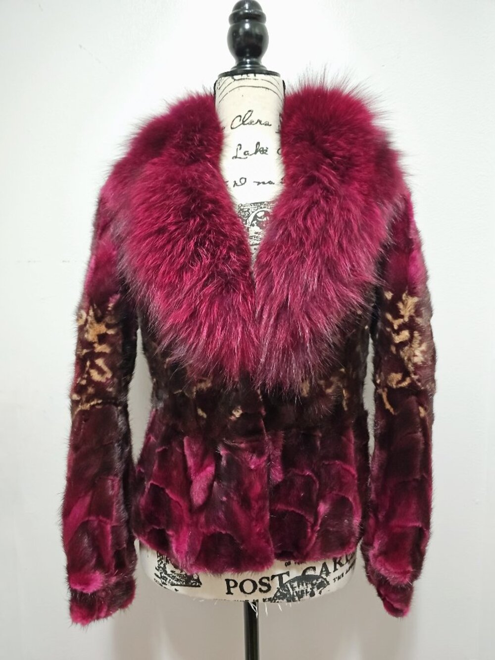 NewReal Mink Fur Coat Striped Mosaic Pieced Wine Red Burgundy Magenta Plum Fox